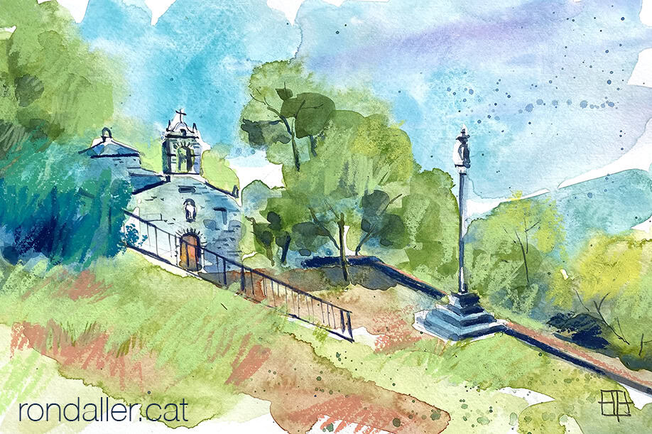 Aquarel·la amb una vista de la capella de San Bieito a Horta (Lugo).