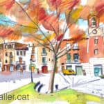 Aquarel·la amb una vista de la plaça de la Vila de Martorell.