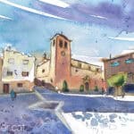 Aquarel·la amb una vista de l'església de Sant Mateu de Riudecanyes.