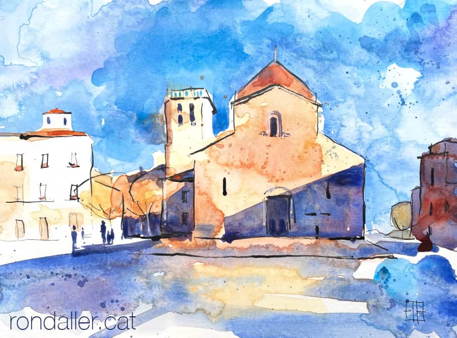 Aquarel·la amb una vista del monestir de Sant Pere de Besalú.