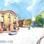 Aquarel·la amb una vista de l'antic convent de la Colònia Güell.