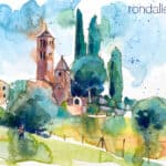 Aquarel·la amb una vista de l'església romànica de Sant Pere de Llorà.