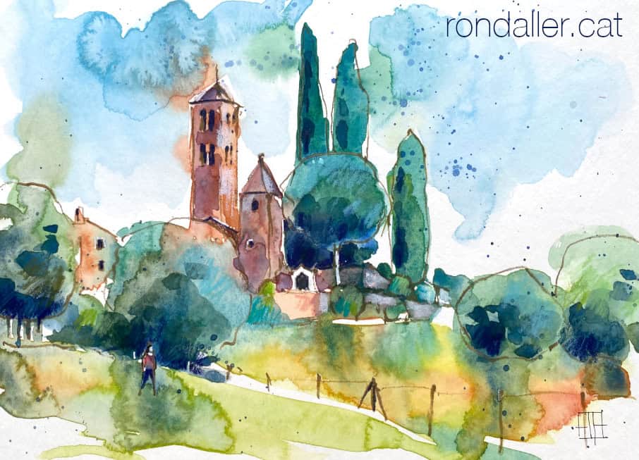 Aquarel·la amb una vista de l'església romànica de Sant Pere de Llorà.