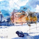 Aquarel·la amb una vista de la cantonada del carrer Entença amb travesser ade les Corts.