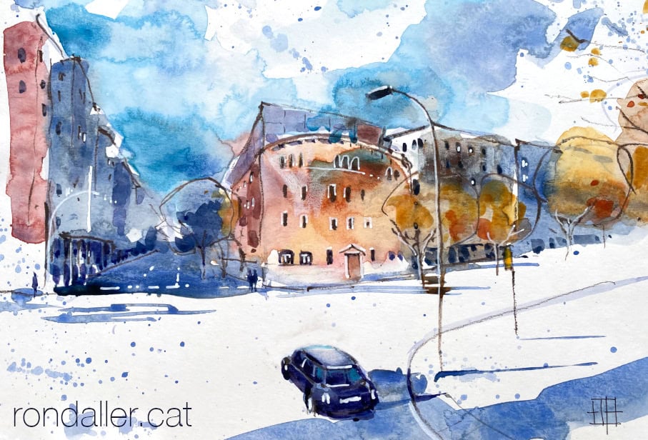 Aquarel·la amb una vista de la cantonada del carrer Entença amb travesser ade les Corts.