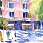 Aquarel·la amb una vista de la cantonada del passeig de Gràcia amb el carrer Diputació de Barcelona.