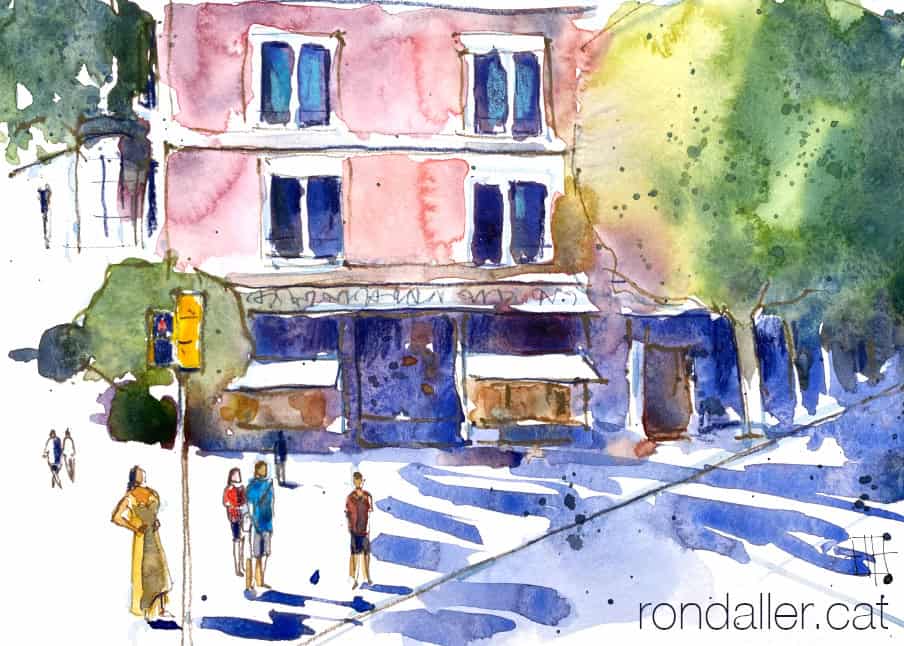 Aquarel·la amb una vista de la cantonada del passeig de Gràcia amb el carrer Diputació de Barcelona.