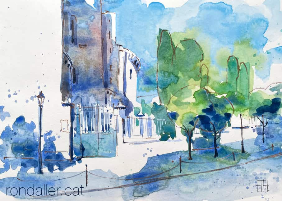 Aquarel·la amb una vista lateral de la catedral de Santa Tecla de Tarragona.