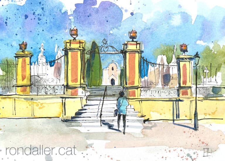 Aquarel·la amb una vista del portal d'entrada al recinte funerari.