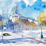 Aquarel·la amb una vista del passeig de Gràcia de Barcelona.