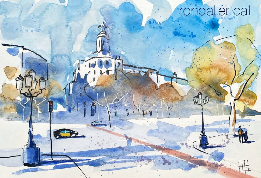 Aquarel·la amb una vista del passeig de Gràcia de Barcelona.