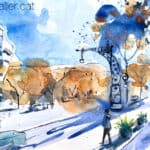Aquarel·la amb una vista del passeig de Gràcia de Barcelona.