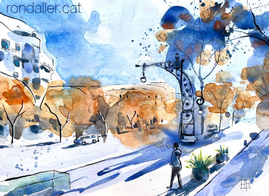 Aquarel·la amb una vista del passeig de Gràcia de Barcelona.
