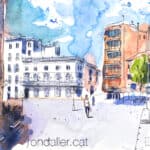 Aquarel·la amb una vista de la plaça de la Font del Lleó.