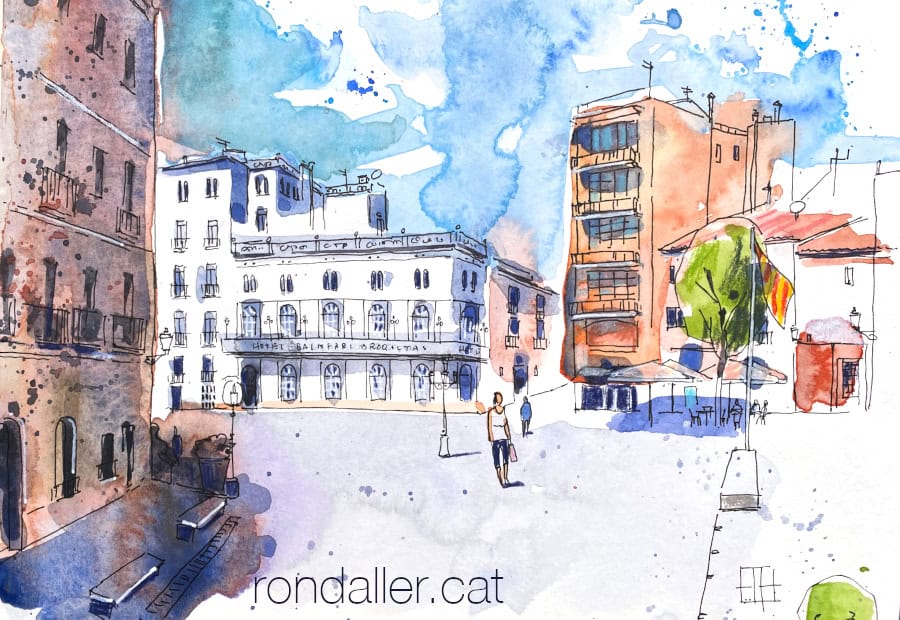 Aquarel·la amb una vista de la plaça de la Font del Lleó.