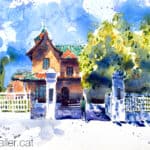 Aquarel·la amb vista d'un xalet d'estiueig amb jardí.