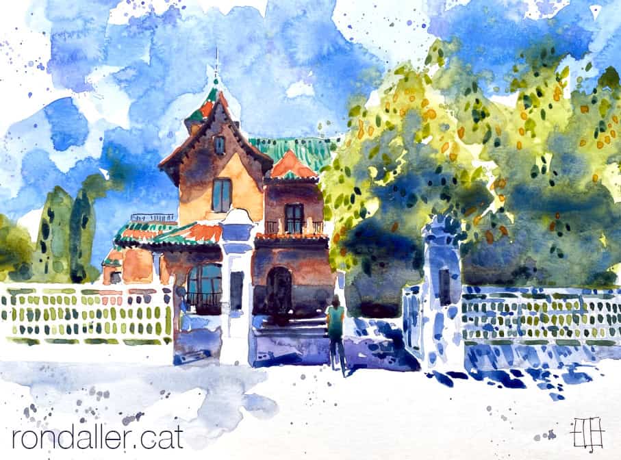 Aquarel·la amb vista d'un xalet d'estiueig amb jardí.