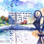 Aquarel·la amb una vista dels edificis i la plaça del Pla de Montbau de Barcelona.