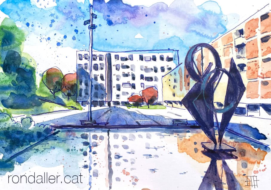 Aquarel·la amb una vista dels edificis i la plaça del Pla de Montbau de Barcelona.