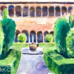 Aquarel·la amb una imatge del claustre del monestir de Santa Maria de Ripoll.