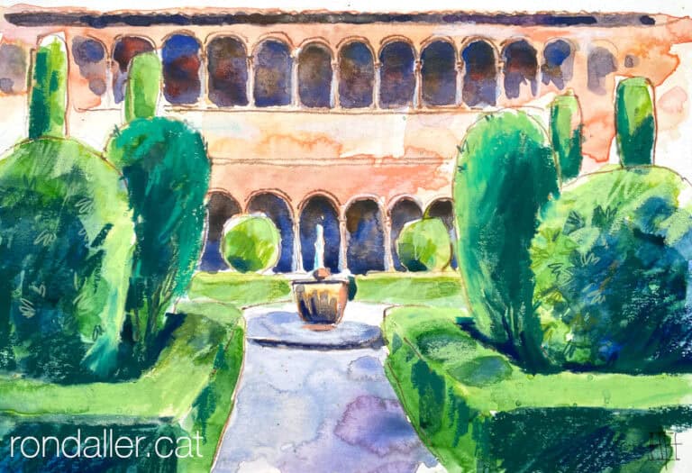 Aquarel·la amb una imatge del claustre del monestir de Santa Maria de Ripoll.
