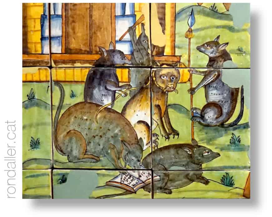 Detall del plafó de la batalla dels gats i les rates al Museu Vicenç Ros de Martorell.