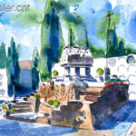 Aquarel·la amb una vista del Cementiri Vell de Badalona.