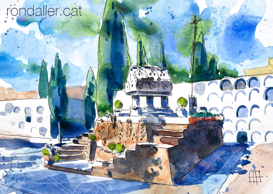 Aquarel·la amb una vista del Cementiri Vell de Badalona.