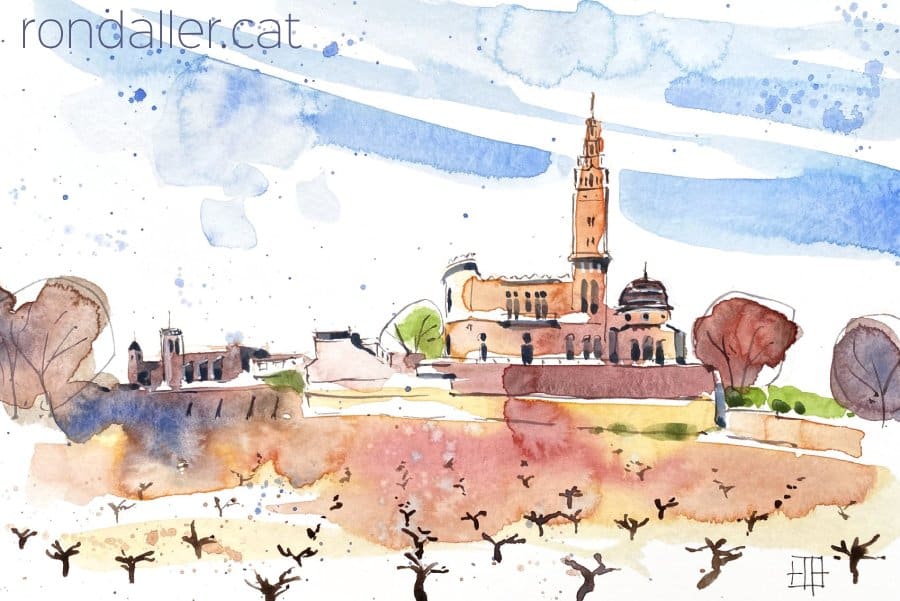 Aquarel·la amb una vista de la població penedesenca de l'Arboç.