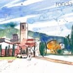 Aquarel·la amb una vista del nucli antic de Cànoves.
