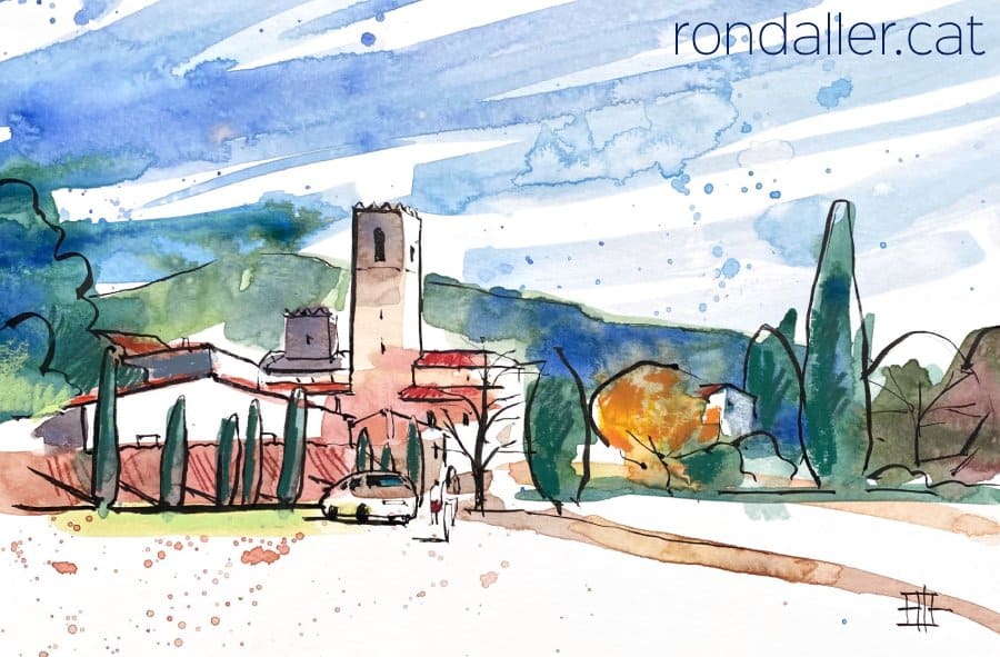 Aquarel·la amb una vista del nucli antic de Cànoves.