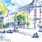 Aquarel·la amb una vista de la cruïlla de la Gran Via de les Corts Catalanes amb Roger de Flor.