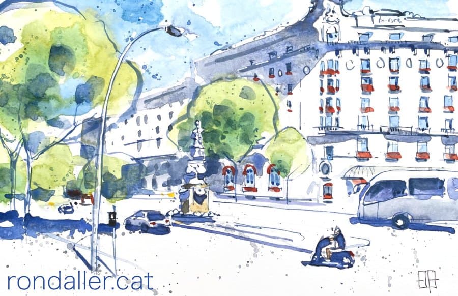 Aquarel·la amb una vista de la cruïlla de la Gran Via de les Corts Catalanes amb Roger de Flor.