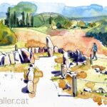 Aquarel·la amb una vista del recinte megalític del Mas Baleta a la Jonquera.