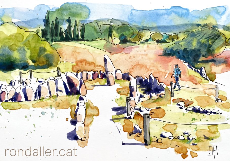 Aquarel·la amb una vista del recinte megalític del Mas Baleta a la Jonquera.