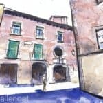 Aquarel·la amb una imatge de la casa natalícia del sant a Vic.
