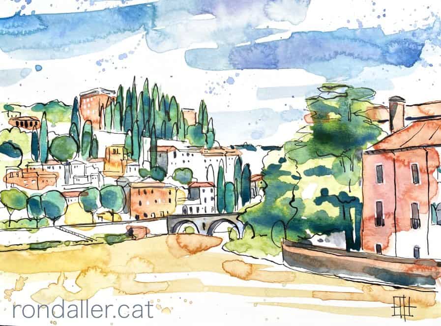 Aquarel·la amb una vista del riu Adige.