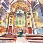 Aquarel·la amb una vista de l'interior d'una de les capelles de la basílica de Santa Maria de Mataró.