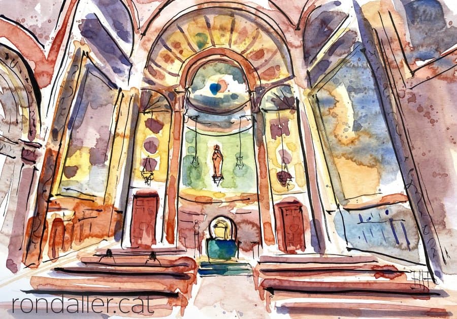 Aquarel·la amb una vista de l'interior d'una de les capelles de la basílica de Santa Maria de Mataró.