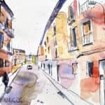 Aquarel·la amb una vista del carrer Cavalleria de Manlleu.