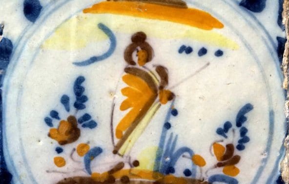 Rajoles d'oficis amb motius orientals. Geisha en un jardí.