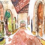 Aquarel·la amb una vista de l'atri de l'església de la Santa Creu de Bellaterra.