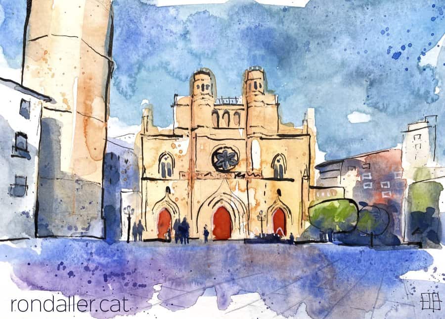 Aquarel·la amb una vista de la plaça Major amb la cocatedral.