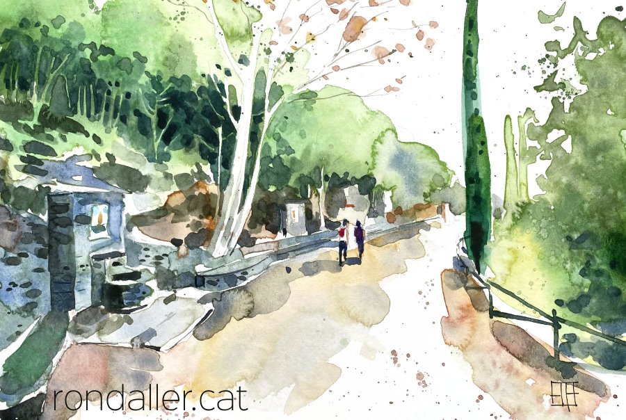 Aquarel·la amb una vista del camí dels Degotalls de Montserrat.