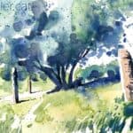 Aquarel·la amb una vista del jaciment megalític de Filitosa a Còrsega.