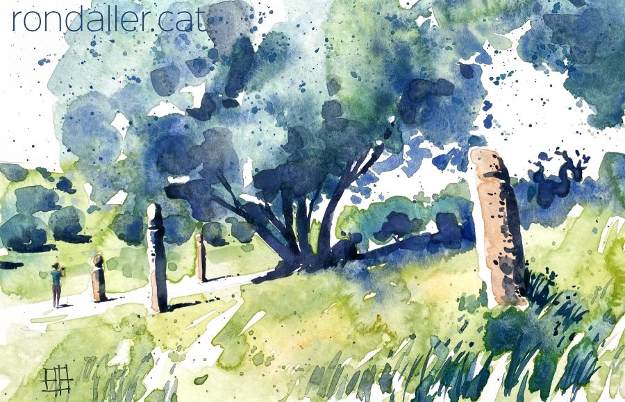 Aquarel·la amb una vista del jaciment megalític de Filitosa a Còrsega.