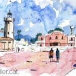 Aquarel·la amb una vista del port amb el Rafar i el far.