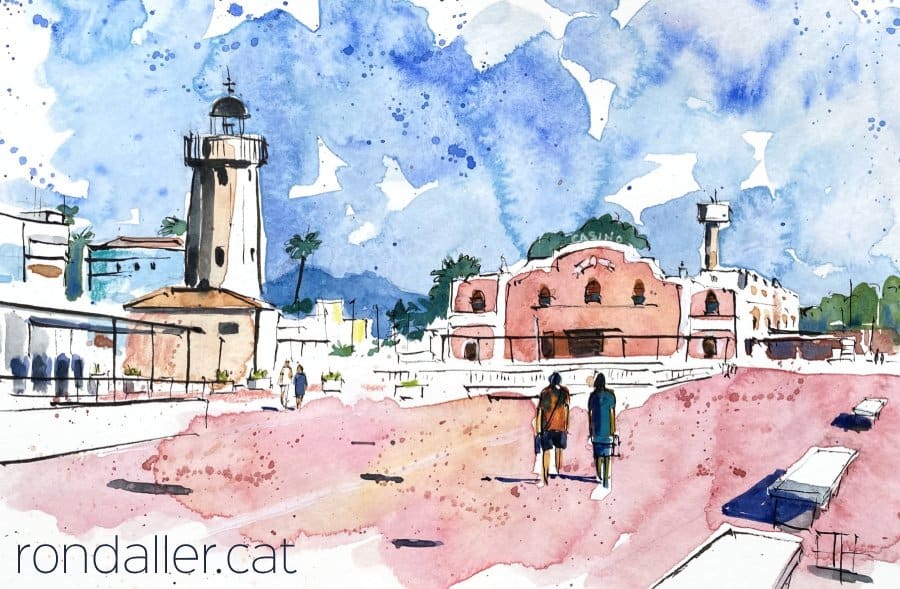 Aquarel·la amb una vista del port amb el Rafar i el far.