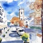 Aquarel·la amb una vista de l'església de Sant Joan de Matadepera.