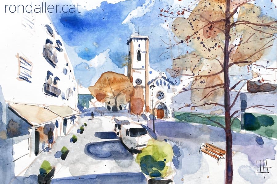 Aquarel·la amb una vista de l'església de Sant Joan de Matadepera.